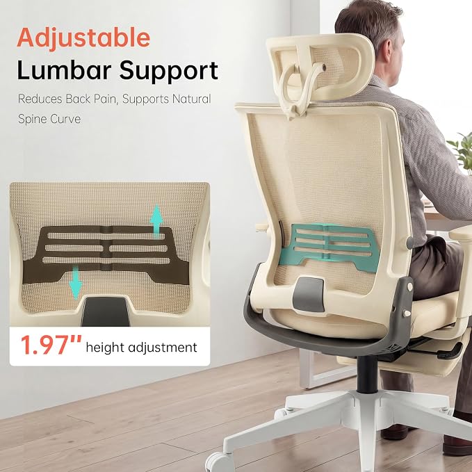 Foldable Office Chair with Foot Rest, Ergonomic Office Chair with Adjustable Lumbar Support, Headrest, Armrest, Home Office Desk Chair for Space Saving, Work from Home, Cream
