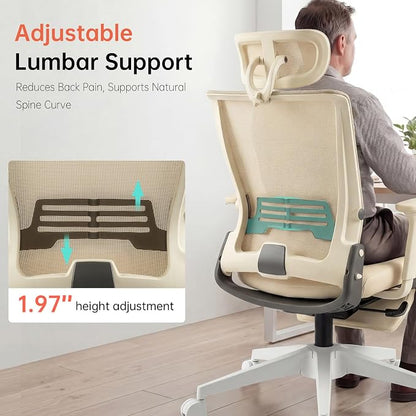 Foldable Office Chair with Foot Rest, Ergonomic Office Chair with Adjustable Lumbar Support, Headrest, Armrest, Home Office Desk Chair for Space Saving, Work from Home, Cream
