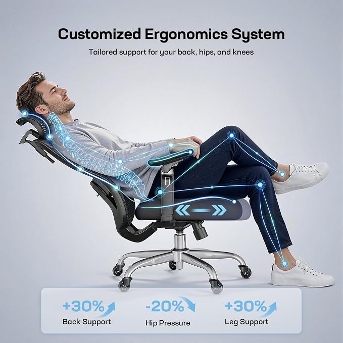 Marsail Ergonomic Office Chair with 6D Armrests, 3D Adjustable Headrest, Slide Seat, Lumbar Support, and 4-Position Tilt Lock – Big and Tall Office Chair with 330 lbs Capacity, Pack of 3