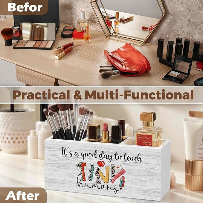 Teacher Pencil Pen Holder for Desk Organizer, Teacher Appreciation Gifts, It's a Good Day to Teach Tiny Humans Wooden Box Decorations for Home Office Classroom Desk Tabletop Decor