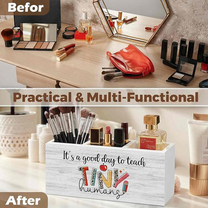Teacher Pencil Pen Holder for Desk Organizer, Teacher Appreciation Gifts, It's a Good Day to Teach Tiny Humans Wooden Box Decorations for Home Office Classroom Desk Tabletop Decor
