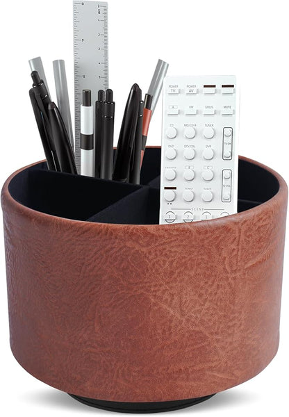 Round Leather Art Supply Organizer,Remote Control Holder,360 Degree Spinning,Multi-Functional Pencil Holder,4 Compartments Desktop Stationary Organizer(1-Crazy Red)