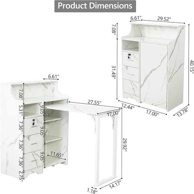 Fold Out Desk with Storage, Hidden Desk with Lockable Drawers & Shelves, Built-in Power Outlet,Folding Desk for Study and Home Office (Marble-Effect White)
