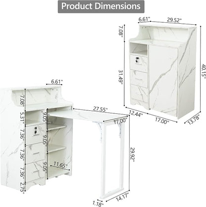 Fold Out Desk with Storage, Hidden Desk with Lockable Drawers & Shelves, Built-in Power Outlet,Folding Desk for Study and Home Office (Marble-Effect White)