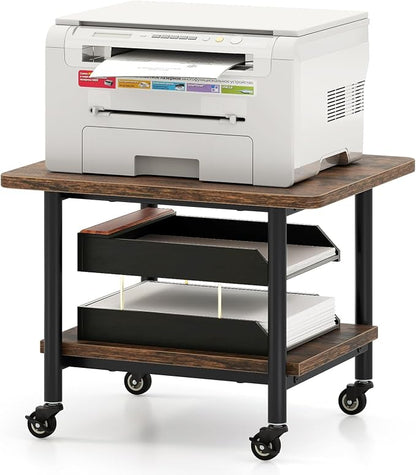 GOFLAME Under Desk Printer Stand, 2-Tier Industrial Mobile Printer Table with Storage Shelf, Metal Frame, Rolling Printer Cart Holder Storage Rack with Lockable Wheels for Home Office, Brown