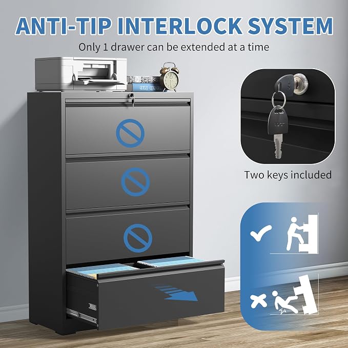 4 Drawer File Cabinets,Metal Office Storage Filing Cabinet with Lock,Black Lateral Filing Cabinet for Home Office,Horizontal Locking File Cabinet for Legal/Letter/A4,Assembly Required,Black