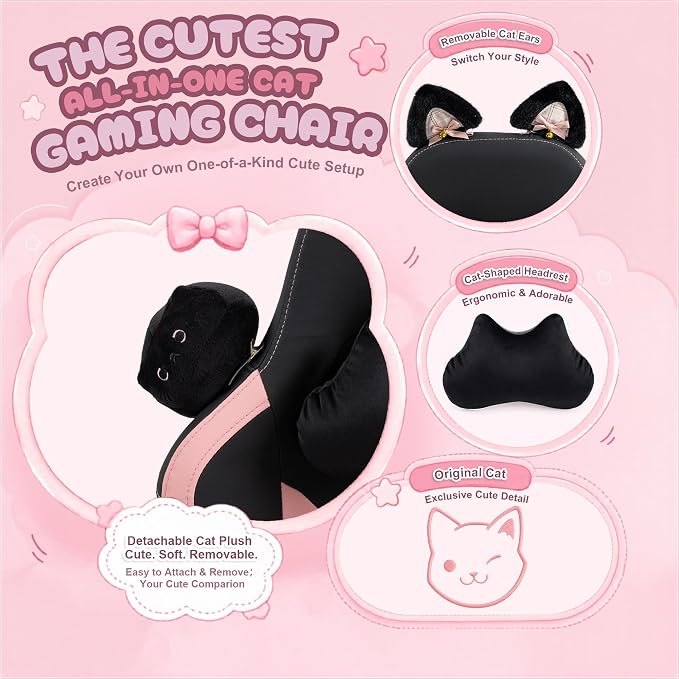 Dowinx Pink Gaming Chair with Cat Ears and Massage Lumbar Support, Ergonomic Computer Chair with Footrest and Headrest, Comfortable Reclining Game Chair 290lbs for Adults, Black