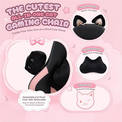 Dowinx Pink Gaming Chair with Cat Ears and Massage Lumbar Support, Ergonomic Computer Chair with Footrest and Headrest, Comfortable Reclining Game Chair 290lbs for Adults, Black