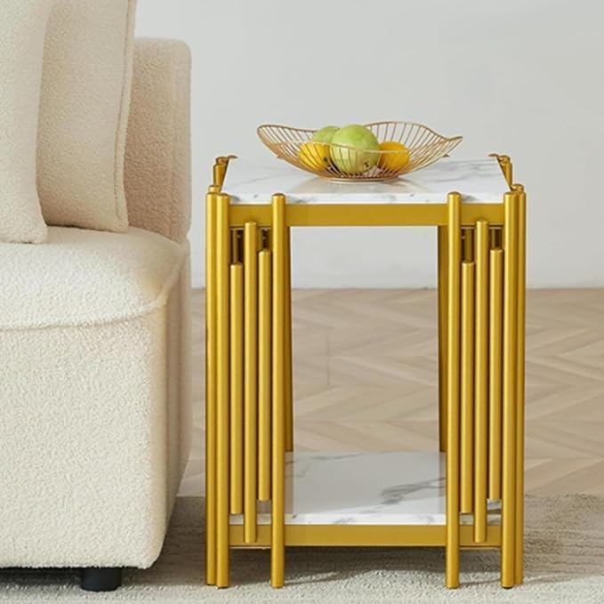 White Marble Coffee Table Set of 3, Faux Marble Coffee Table and 2 White Gold End Tables with Chrome Metal I-Base, Luxury Marble 3 Piece Living Room Table Set for Home Office Bedroom