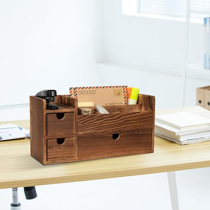 Deep Roast Wooden Desktop Organizer 3 Drawers Office Supplies Storage Caddy Box Stationery Pencil Mail Holder Note Pads Makeup Tools Cosmetics Dark Brown
