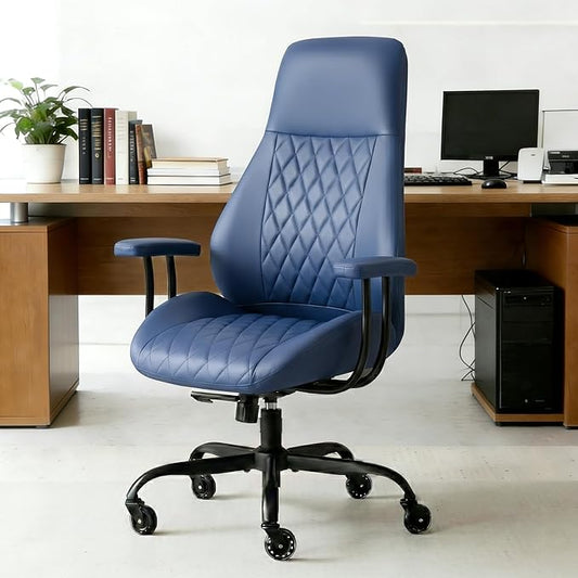 E-Ser Leather Desk Chair, Mid Century Modern Office Chair, Blue | Lumbar Support, Ergonomic, 360° Swivel, Rubber Rolling Wheels, Adjustable Height, for Adults