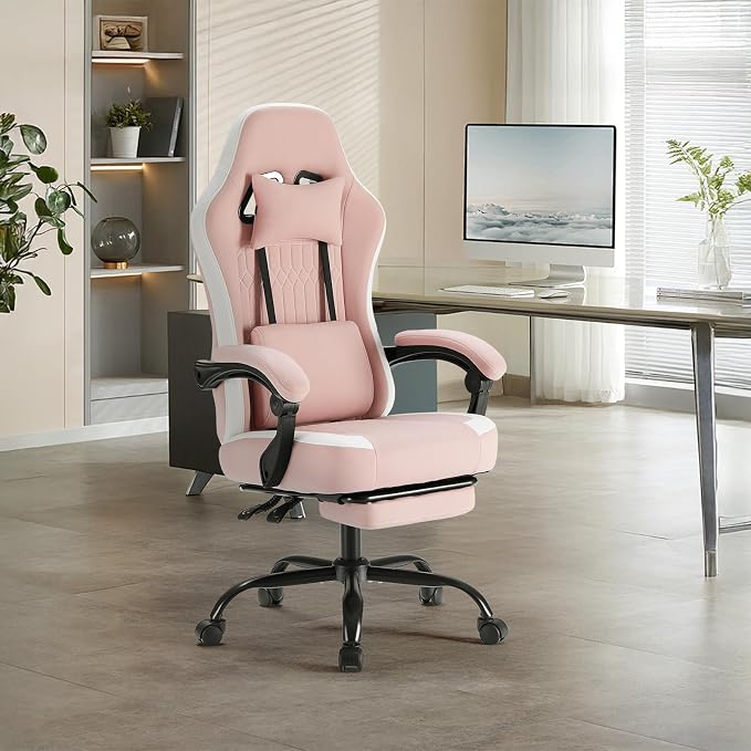 DUMOS Gaming Chair with Linkage Armrests, Video Game Chairs with Pocket Spring Cushion, Ergonomic Computer Silla Gamer Office Desk Chair with Footrest for Adults & Students, Pink