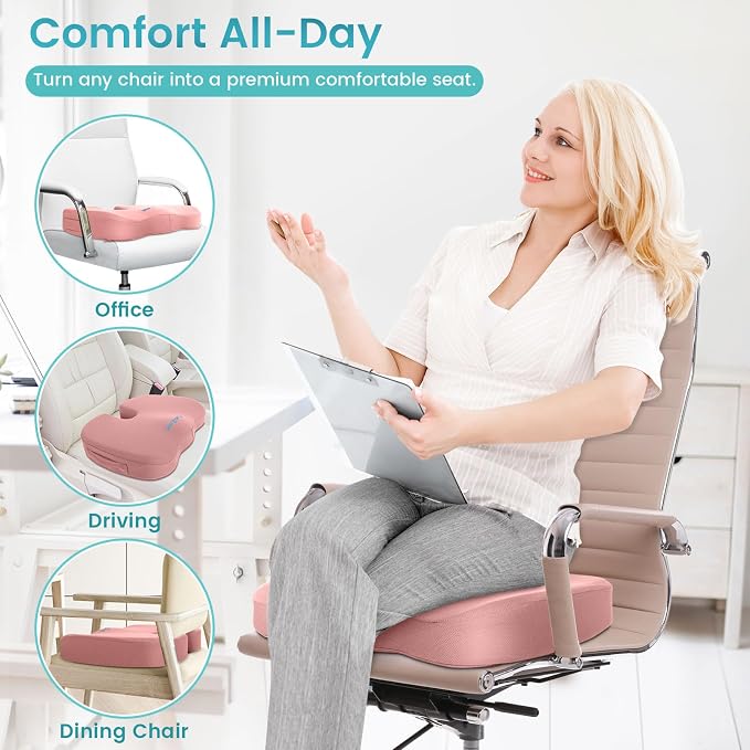 Office Chair Seat Cushion, Cooling Gel Enhanced Memory Foam Cushion for Long Sitting - Back, Sciatica, Coccyx, Tailbone Pain Relief Pillow - for Office, Gaming, Car, Wheelchair - Pink, Large