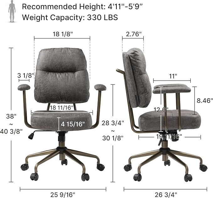 EUREKA ERGONOMIC Becky Home Office Desk Chairs Leather, Comfy Office Chair with Lumbar Support and Arms, Mid-Back, Comfortable Thick Cushion, Height Adjustable, Mid-Century Modern, Gray