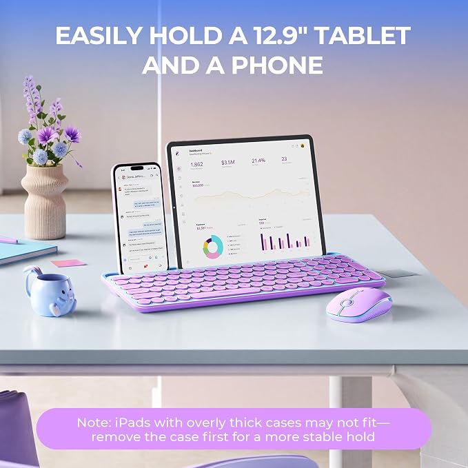 seenda Bluetooth Keyboard and Mouse for iPad, CTU-301 Wireless Multi-Device Connection Bluetooth+2.4G Keyboard Mouse Combo with Tablet Holder for iPad/Macbook/Windows, iOS/Android/Phone, Blue & Purple