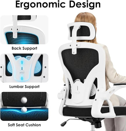 Farini Ergonomic Office Chair, Home Office Desk Chair with Headrest, High Back Swivel Computer Chair with Armrests and Adjustable Lumbar Support for Home Office Study Room, White & Black
