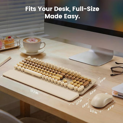 Wireless Keyboard and Mouse Combo, Magnetic Soft-Touch Wrist Rest, Round Keycaps, Full-Size Retro Typewriter Keyboard, 2-Stage Tilt Legs, Auto Sleep, 2.4GHz Cordless for Windows PC, Beige-Brown Ombre