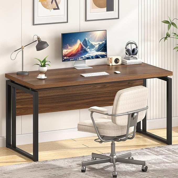 EXCEFUR Home Office Desk, Modern Computer Desk for Workstation, Wood Metal Executive PC Laptop Study Writing Table for Living Room, 53 Inch, Rustic Walnut