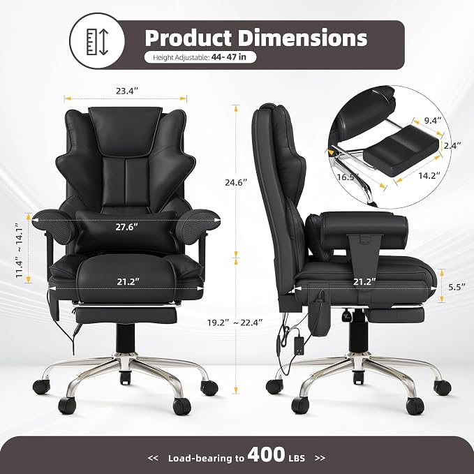 7-Point Massage Office Chair,Heated Desk Manageral Chair,Ergonomic Executive Chair with Footrest,Adjustable Armrest，Computer Chair for Offices, Study Areas, Gaming Spaces,Black