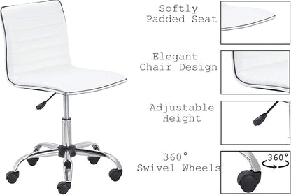 BTEXPERT BTExpert Swivel Mid Back Armless Ribbed Designer Task Chair Leather Soft Upholstery Office Chair - White