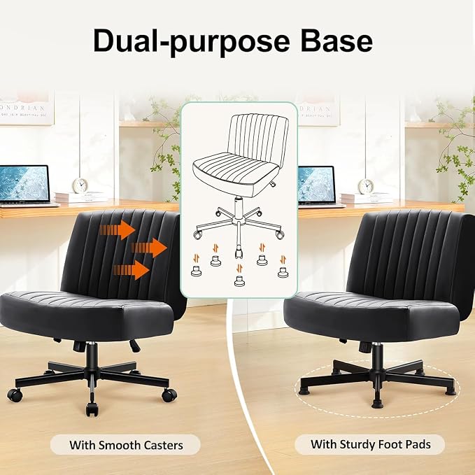 Criss Cross Chair with Wheels,Thick Padded Leather Cross Legged Office Desk Chair with Pocket Spring Cushion,Dual-Purpose Base,Wide Adjustable Computer Home Office Vanity Chair,Black