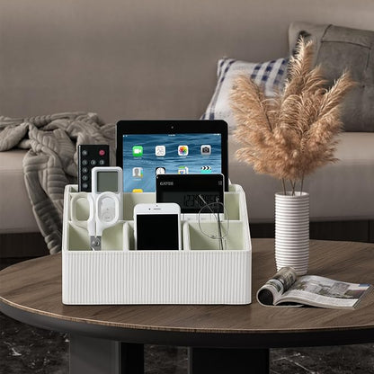 Desk Organizer Caddy with 5 Compartments for Office Art Supplies, PU Leather Nightstand Organizer Pencil Pen Desk Caddy for Home, Desktop TV Remote Control Holder Storage (Striped Ivory)