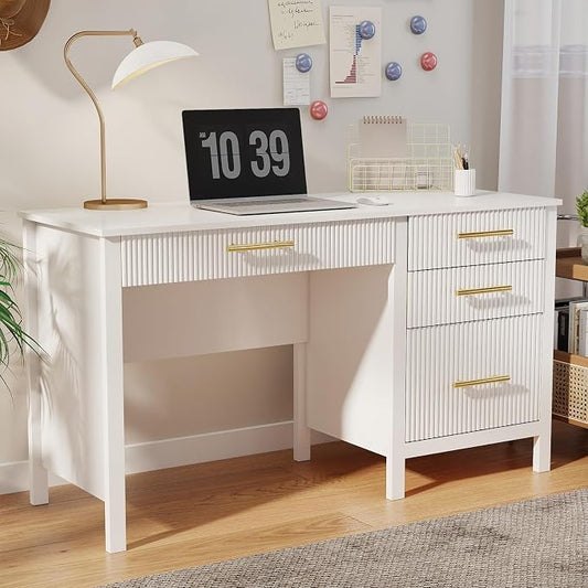 Fluted Executive Desk with Drawers: 54" White Home Office Desks with File Drawers, Modern Computer Desk with Gold Handles, Writing Table for Study, Living Room (White, 54")