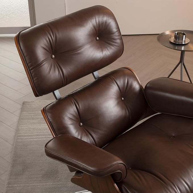 Mid Century Chaise Lounge Chair with Ottoman, Luxury Oil-Waxed Leather Reading Chair, Modern Chair Classic Design, Heavy Duty Base Support for Living Room Study Lounge Office Walnut Dark Brown