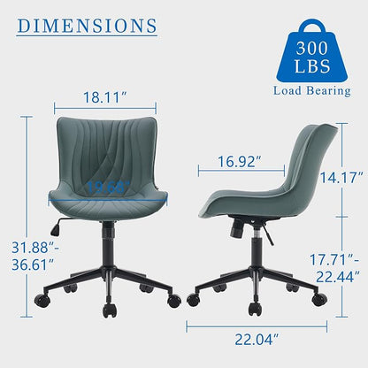 YOUNIKE Office Chair Armless Desk Chair with Wheels, Home Office Computer Task Chair, Modern Faux Leather Upholstered Vanity Chair, Adjustable Swivel Rolling Office Chairs, Grayish Green