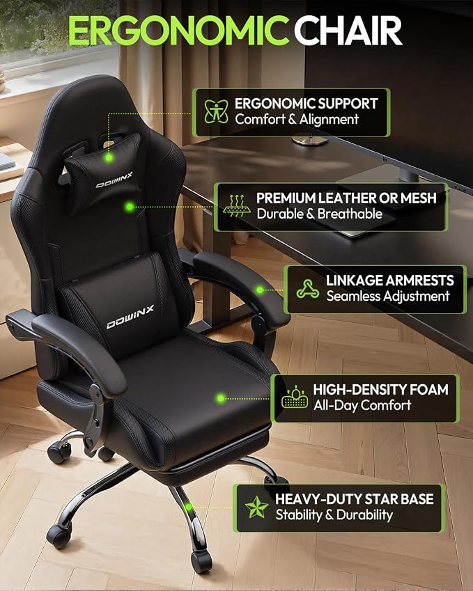 Dowinx Ergonomic Gaming Chair with Footrest & Massage Lumbar, 2D-Linkage Armrests for Computer Chair 330lbs with Headrest Pillow for Office, Home, Streaming and Long Gaming Sessions, Black