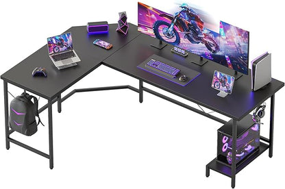 Mericonia 59 inch Large L Shaped Desk, Simple Corner Gaming Desk with CPU Stand & Hooks, Computer Desk for Home, Bedroom & Office Workspacee, Black