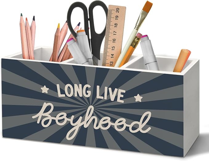 Boys Room Decor Pen Holder Organizer for Desk Accessories, Kids Room Decor, Long Live Boyhood Boy Nursery Wooden Box Sign Desk Decorations for Kids Boys Bedroom Playroom