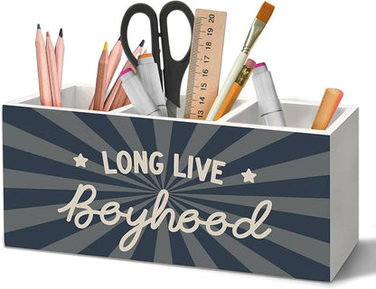Boys Room Decor Pen Holder Organizer for Desk Accessories, Kids Room Decor, Long Live Boyhood Boy Nursery Wooden Box Sign Desk Decorations for Kids Boys Bedroom Playroom