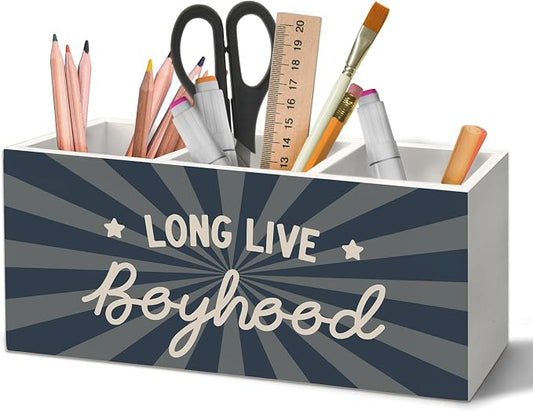 Boys Room Decor Pen Holder Organizer for Desk Accessories, Kids Room Decor, Long Live Boyhood Boy Nursery Wooden Box Sign Desk Decorations for Kids Boys Bedroom Playroom