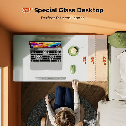 32inch Glass Standing Desk，90° Tiltable Mobile Rising Desk Height Adjustable，Whole Piece Rolling Sit Stand Table with Wheels，Foldable Small Laptop Desk，White