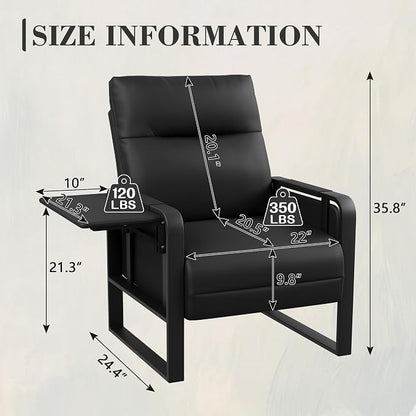 Alunaune Upholstered Living Room Chair Armchair, Mid Century Faux Leather Metal Accent Chair, Reception Couch Slipper Club Lounge Chair Guest Comfy Single Sofa with Sidetable for Bedroom-Black