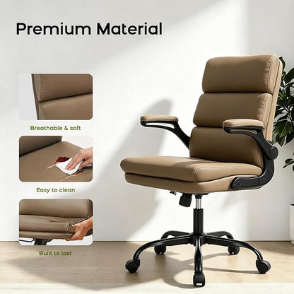 Office Chair Adjustable Desk Chair Mid Back Executive Comfortable Bonded Leather Ergonomic Back Support Home Computer Chairs with Padded Flip-up Armrest Swivel Wheels (Tan)
