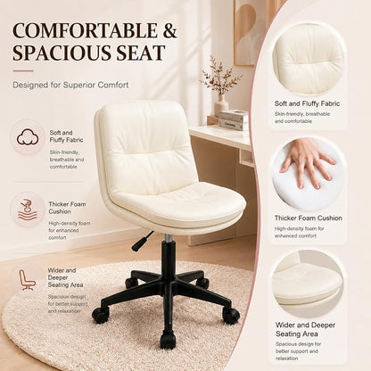 Vanity Chair with Back, PU Leather Swivel Office Desk Chair, Height Adjustable Armless Chair for Small Spaces, Bedroom, Vanity, Home Office Beige