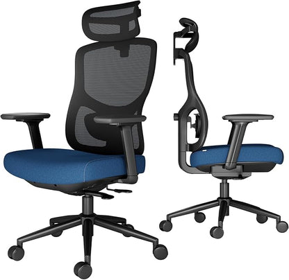 Ergonomic Office Chair with Breathable Mesh Back & Thick Cushion Seat, 4D Armrests, 3D Headrest, Adjustable Lumbar Support & Seat Depth, High Back Desk Chair with Tilt Lock (Blue)