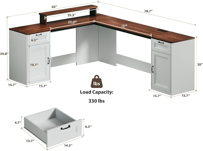 HUAHUU 78" Farmhouse L Shaped Executive Desk with Drawers, Modern Computer Desk with Power Outlets, Office Writing Desk with Monitor Stand & Storage Cabinet, Printer Shelf, Antique White