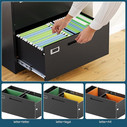 MIIIKO 4 Drawer Lateral File Cabinet with Lock, Black Lateral Filing Cabinets, Metal Storage File Cabinets for Hanging Files Letter/Legal/F4/A4 Size
