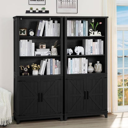Joaxswe 70in Tall Bookshelf 5 Tier Bookcase with Barn Doors and Adjustable Shelves, Black Farmhouse Book Shelf with Storage Cabinet, Wood Freestanding Display Bookshelves for Bedroom, Kitchen (2PCS)
