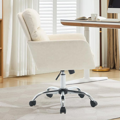 YITAI Adjustable Home Office Desk Chair with Comfy Square Mid-Back, Faux Leather 360 Swivel Upholstered Task Armchair with Wheels for Vanity Bedroom/Living Room,White