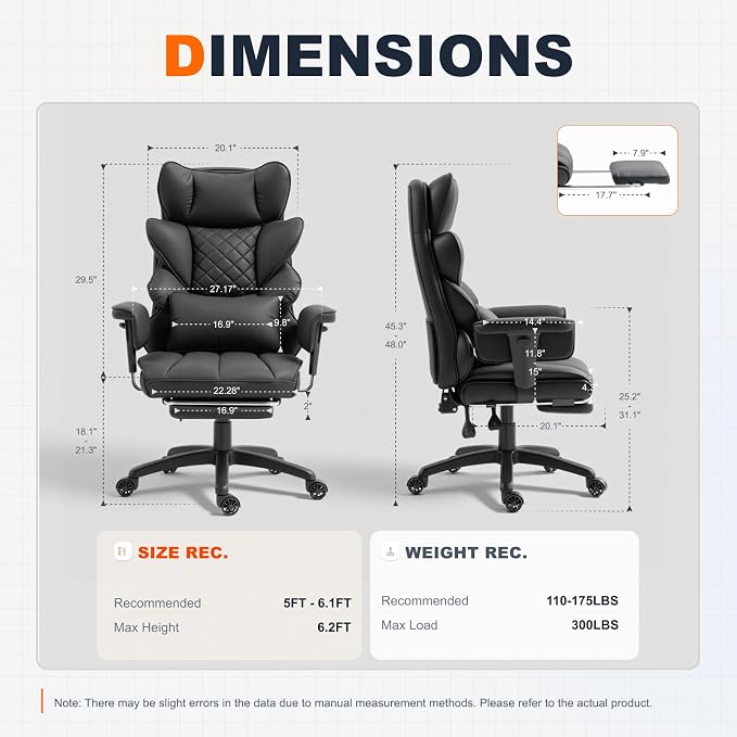 Dowinx Big and Tall Office Chair with Pocket Spring Cushion,High Back Computer Gaming Chairs with Adjustable Armrests,Executive Desk Chairs with Lumbar Support and Footrest,PU Leather-Black