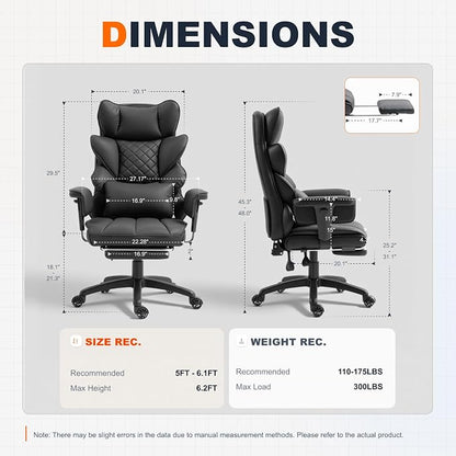 Dowinx Big and Tall Office Chair with Pocket Spring Cushion,High Back Computer Gaming Chairs with Adjustable Armrests,Executive Desk Chairs with Lumbar Support and Footrest,PU Leather-Black