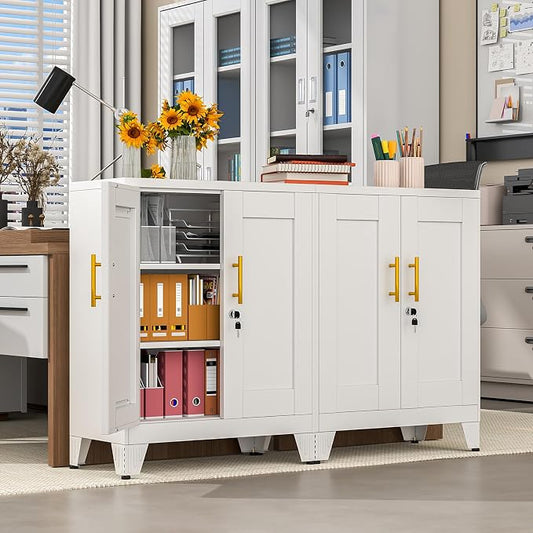 pozdeg 35.43" Metal Storage Cabinet with Lock, Metal File Cabinet with 2 Doors ＆ 2 Adjustable Shelves, Steel Locker Utility Tool Garage Cabinets for Home, Office, Warehouse (White)