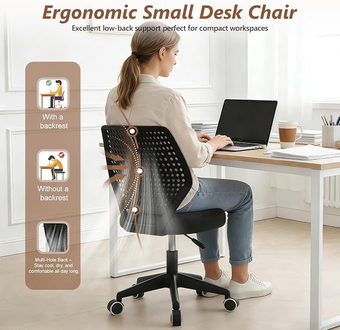 Small Office Chair with Wheels, Armless Desk Chair Height Adjustable Swivel Rolling Task Chair Breathable Mesh Ergonomic Computer Work Chair for Adult, Black