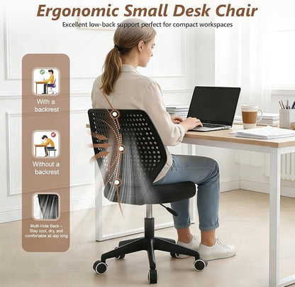 Small Office Chair with Wheels, Armless Desk Chair Height Adjustable Swivel Rolling Task Chair Breathable Mesh Ergonomic Computer Work Chair for Adult, Black