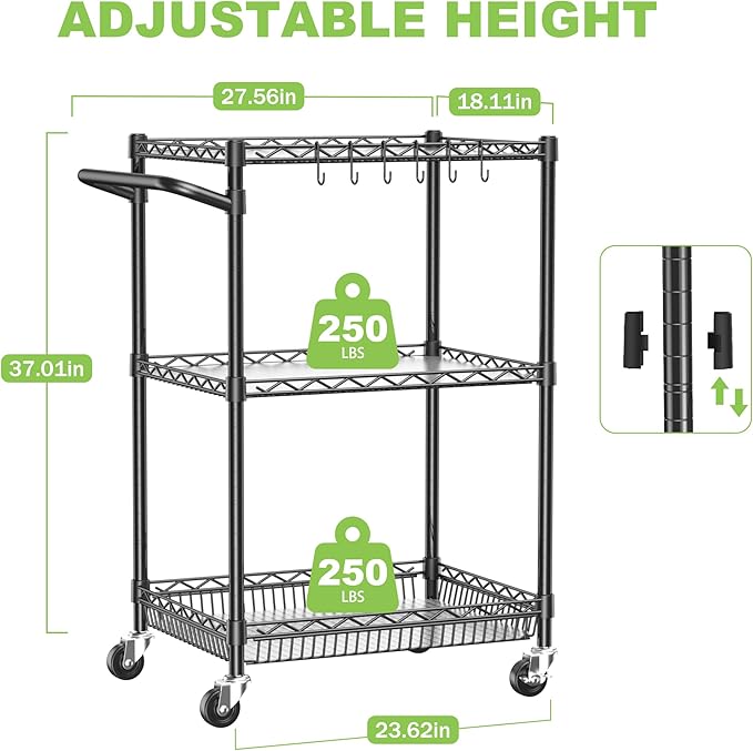 Rolling Utility Metal Carts with Wheels 3 Tier Heavy Duty Storage Cart 750Lbs Capacity Adjustable Kitchen Organizer Cart with Handle & Shelf Liner Commercial Grade Trolley for Indoor & Outdoor Use