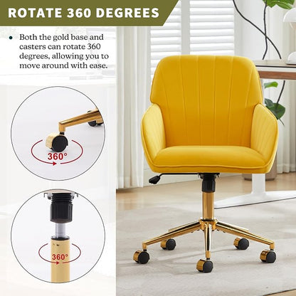 Velvet Home Office Desk Chair, Modern Cute Computer Task Chair with Back, Height Adjustable Upholstered Vanity Chair with Swivel Wheels for Women, Girls (Gold Base, Lemon Yellow